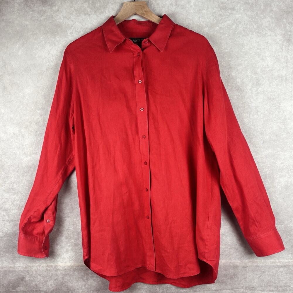 Lauren Ralph Lauren Women's 100% Linen Red Button Up Tunic Old Money Chic Sz XL